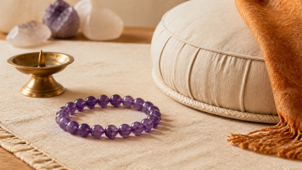 Natural amethyst bracelet beside a meditation cushion and brass diya