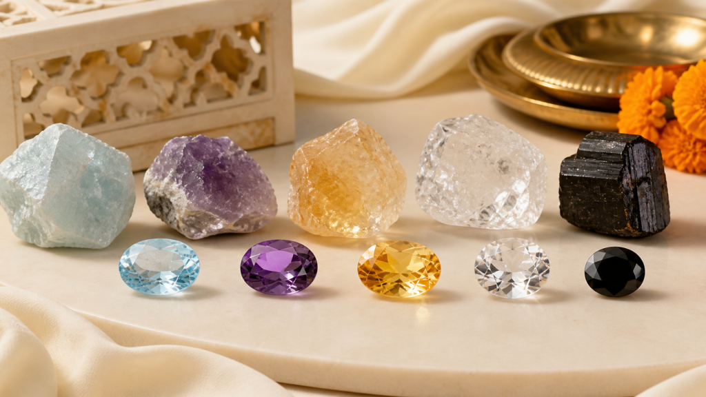 Raw crystals and polished gemstones placed side by side