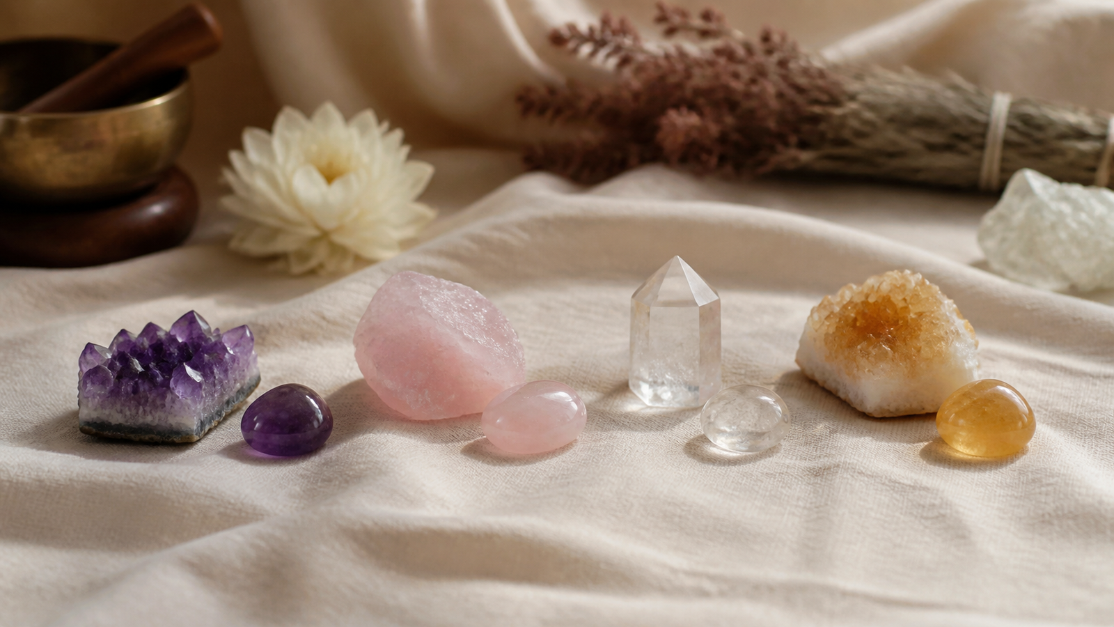 Beginner collection of amethyst rose quartz clear quartz and citrine crystals