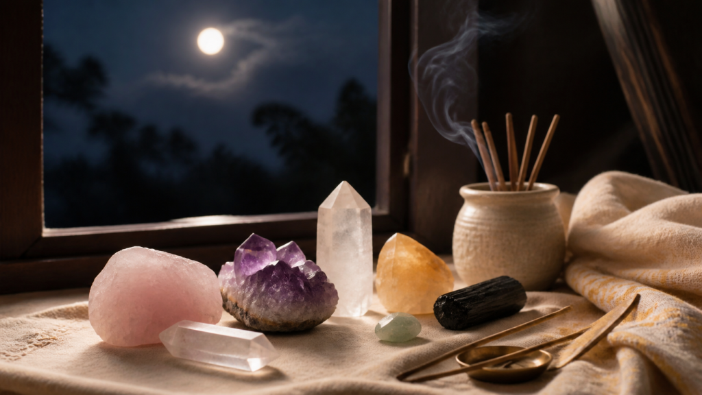 Crystals placed near a moonlit window with incense and a soft cloth