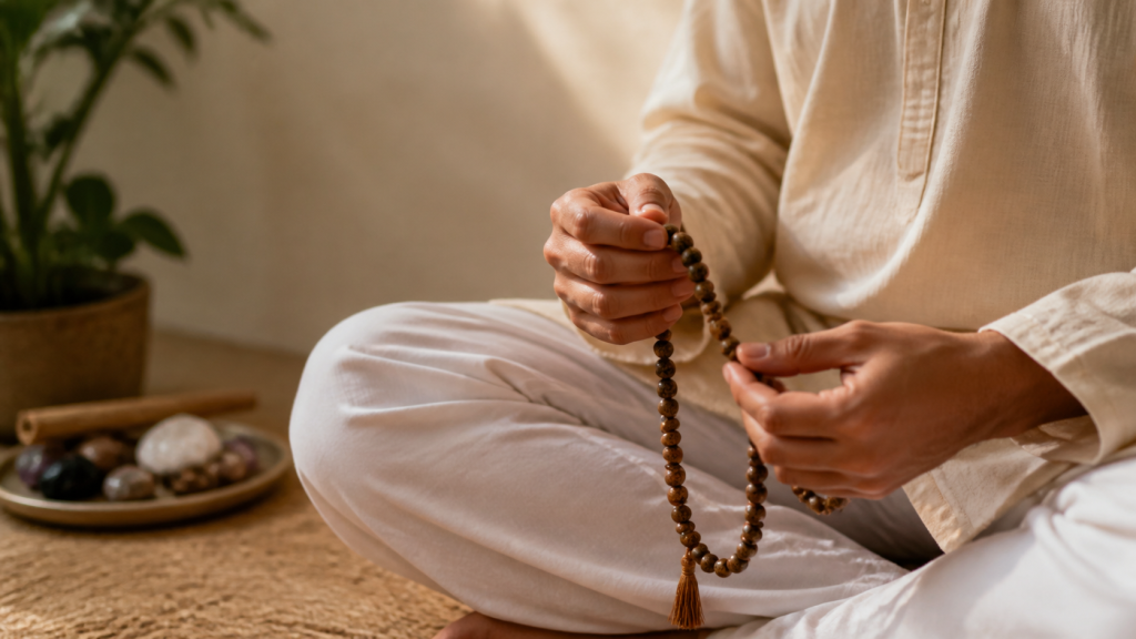 Hands holding a Rudraksha mala during seated mantra meditation