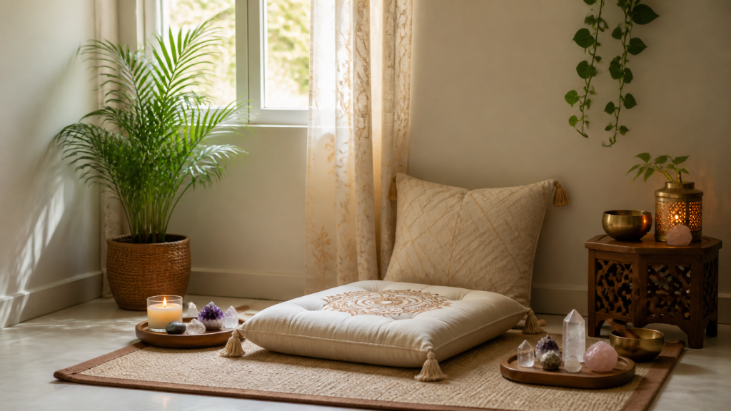 Warm home meditation corner with cushion diya crystals and a small plant