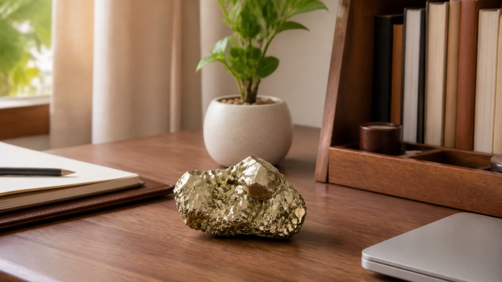 Natural pyrite crystal on a warm home office desk