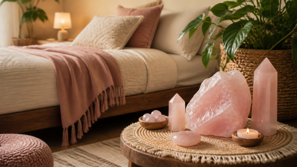 Rose quartz crystal in a peaceful bedroom meditation corner