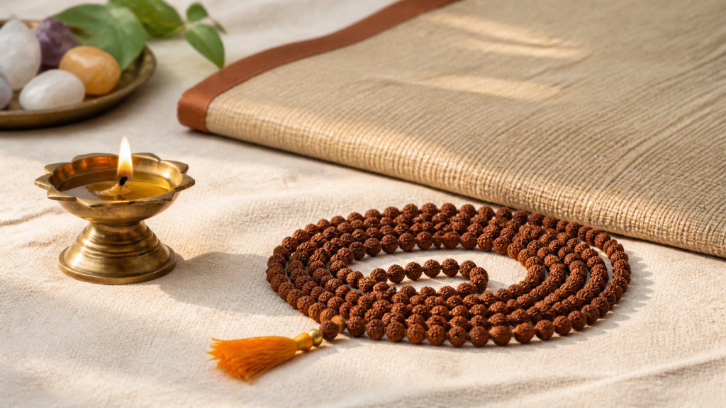 Traditional 108 bead Rudraksha mala with meditation mat and brass diya