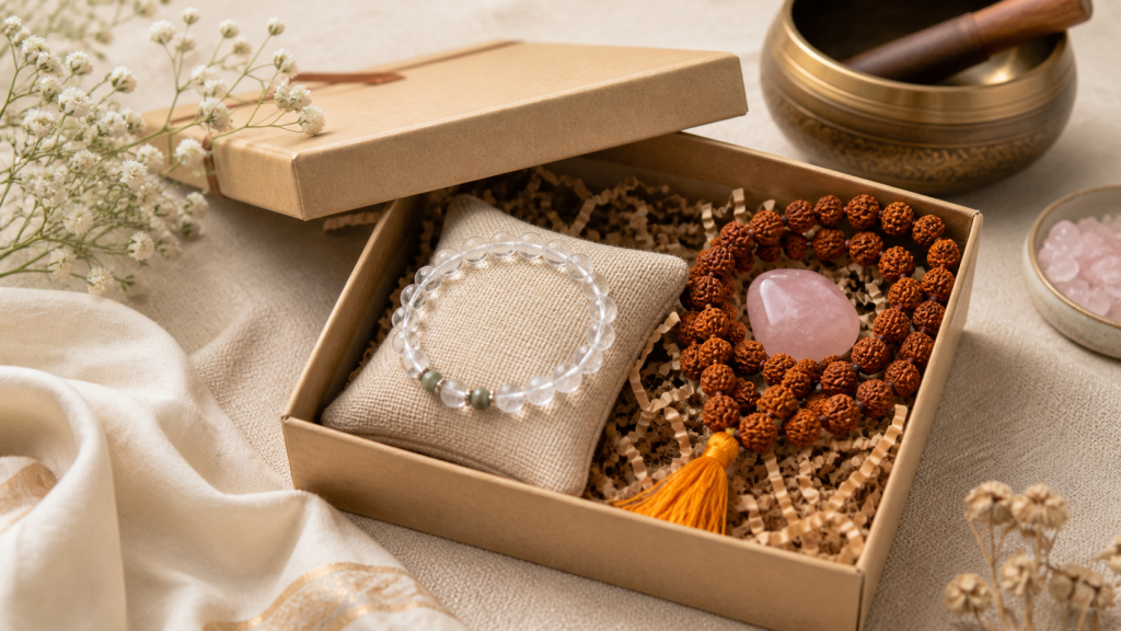 Eco friendly spiritual gift box with crystals mala and warm decor