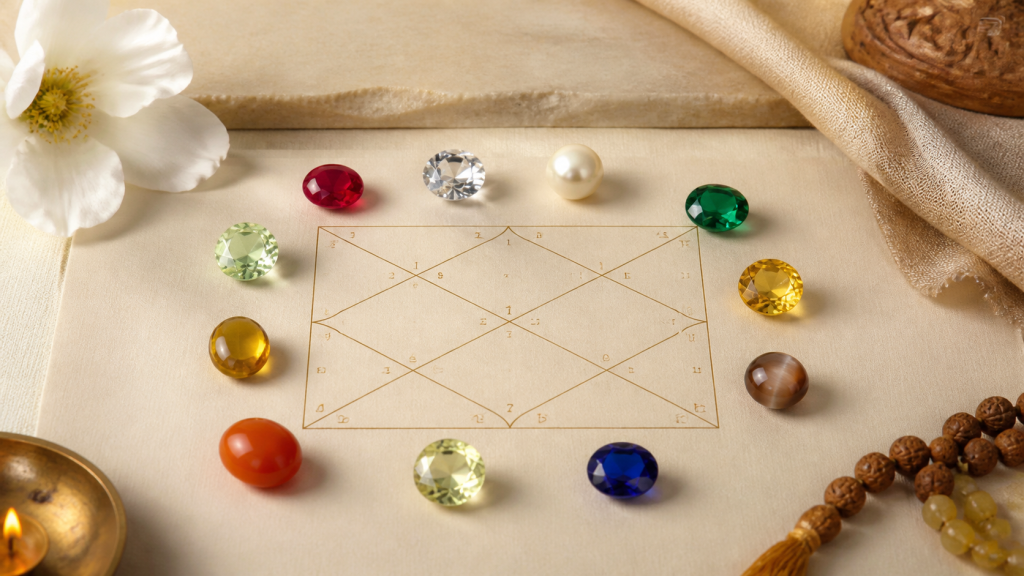 Colored gemstones arranged around a subtle Vedic astrology chart