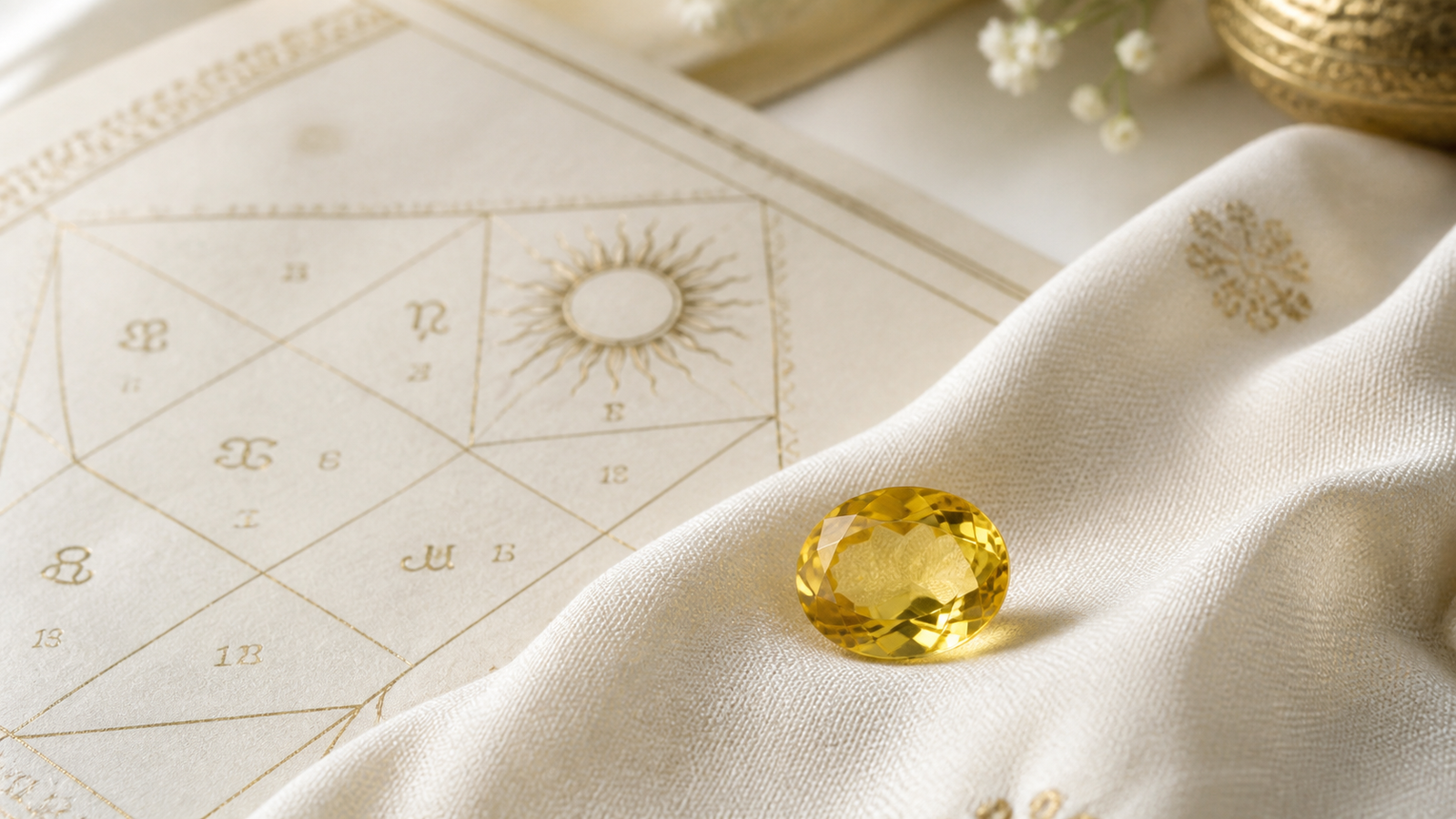 Yellow sapphire gemstone placed on cream cloth with a subtle Vedic chart