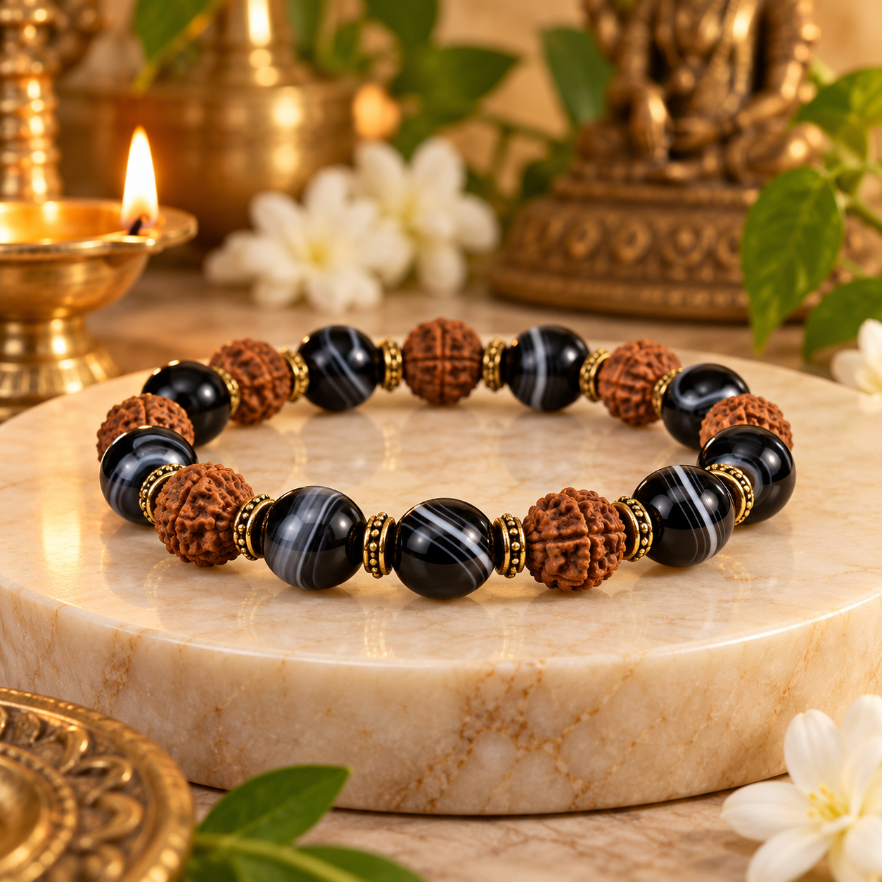 Black Banded Agate Onyx Bracelet With 5 Mukhi Rudraksha Beads Black Banded Agate Onyx Bracelet With 5 Mukhi Rudraksha Beads - Image 1