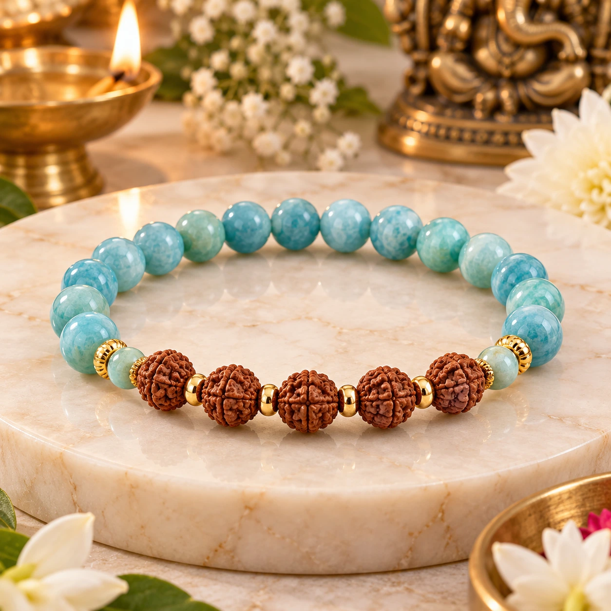 Blue Amazonite Bracelet With 5 Mukhi Rudraksha Beads Blue Amazonite Bracelet With 5 Mukhi Rudraksha Beads - Image 1
