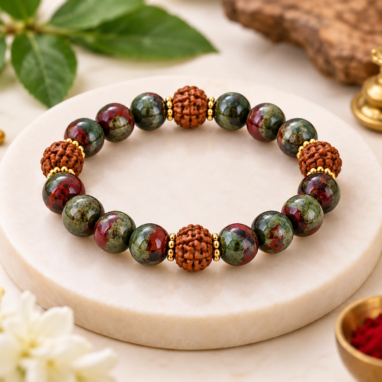 Dragon Blood Jasper Bracelet With 5 Mukhi Rudraksha Beads Dragon Blood Jasper Bracelet With 5 Mukhi Rudraksha Beads - Image 1