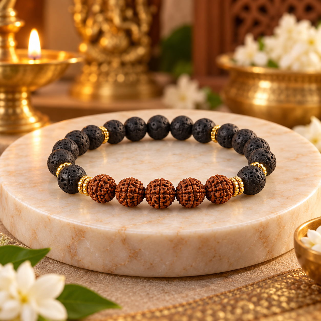 Lava Stone Bracelet With 5 Mukhi Rudraksha Beads Lava Stone Bracelet With 5 Mukhi Rudraksha Beads - Image 1