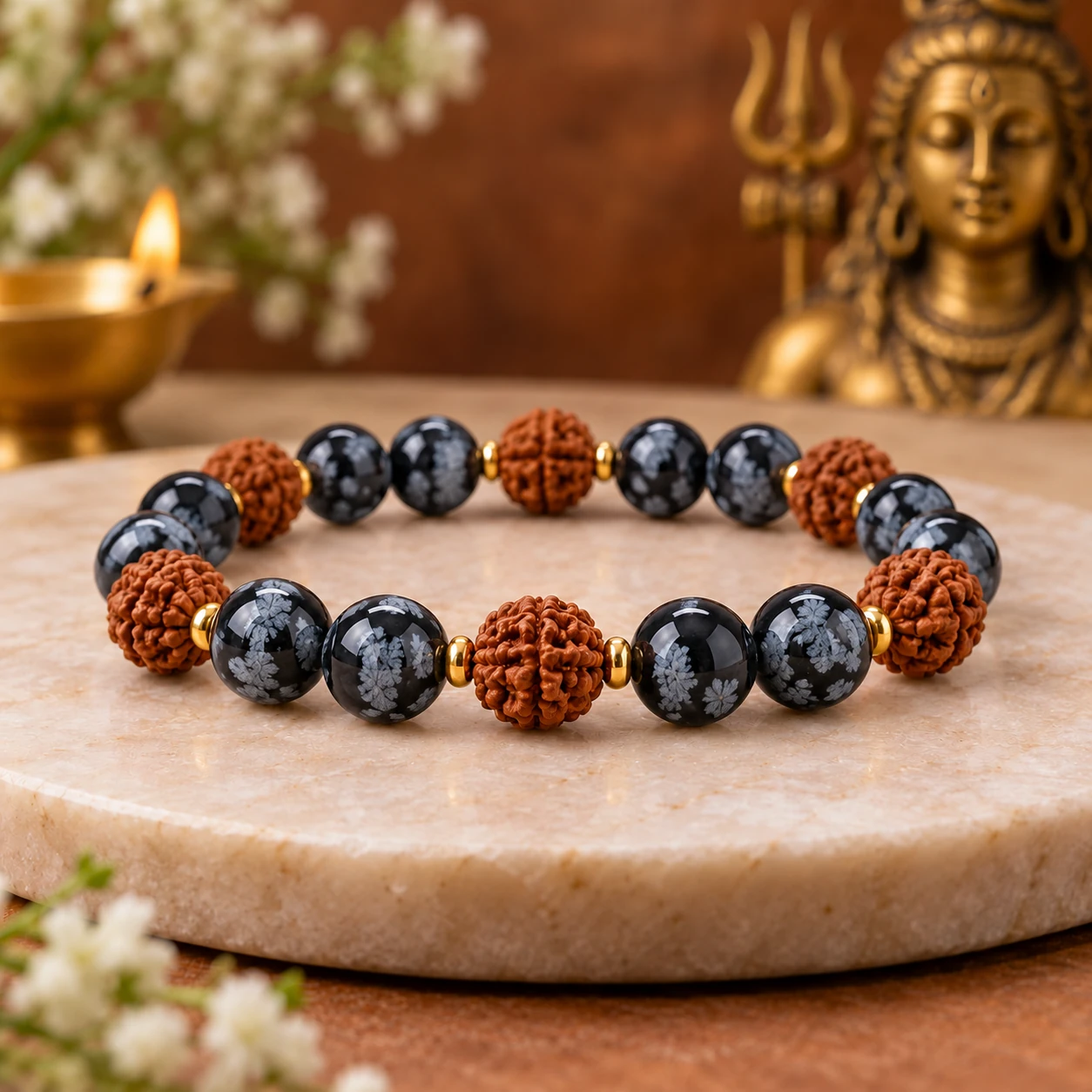 Snowflake Obsidian Bracelet With 5 Mukhi Rudraksha Beads Snowflake Obsidian Bracelet With 5 Mukhi Rudraksha Beads - Image 1